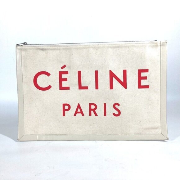 CELINE logo Bag Pouch Bicolor Clutch bag Leather/Canvas White/Red - Picture 1 of 13